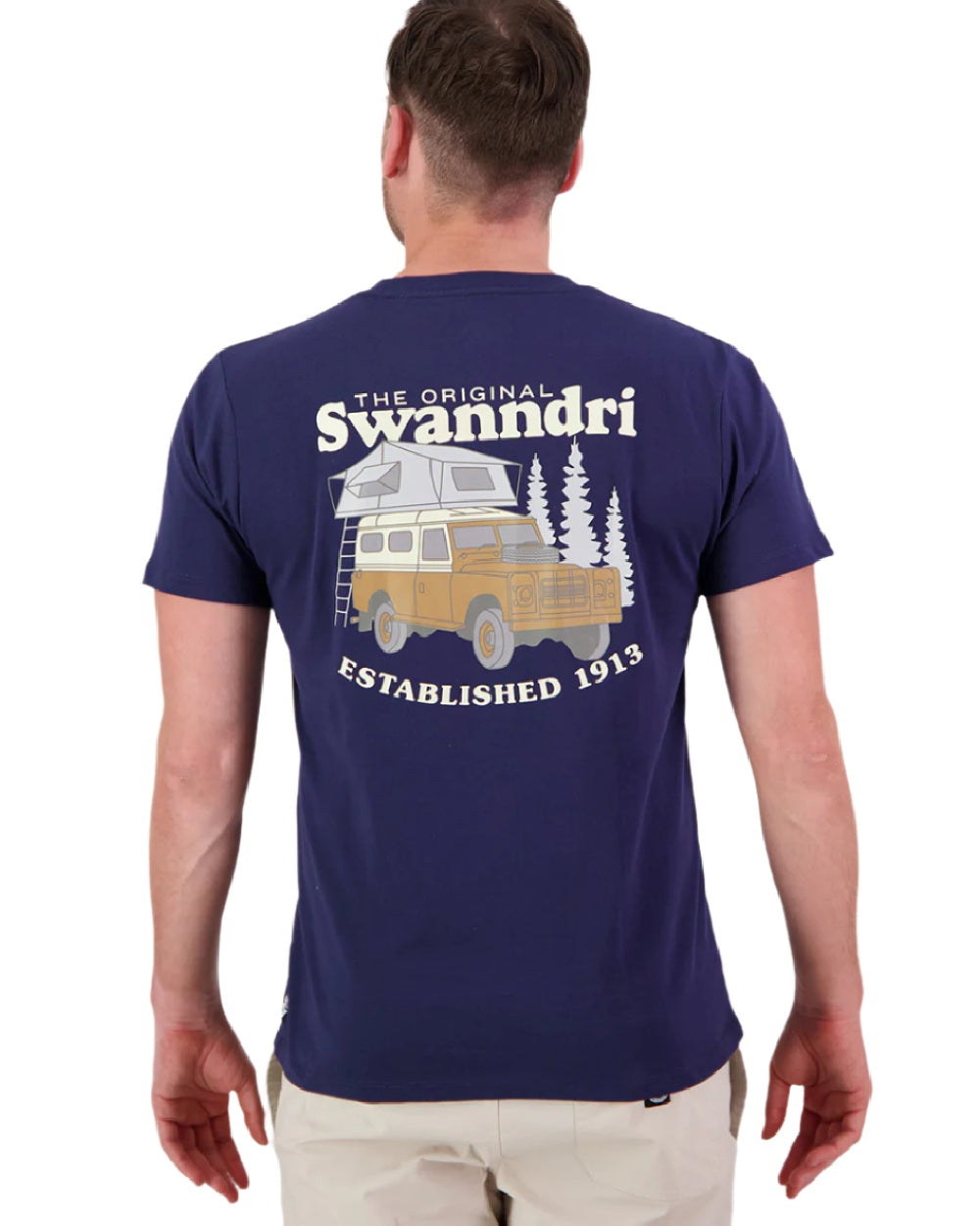 Navy Light Taupe Coloured Swanndri Mens Pop Top Printed T Shirt on white background 