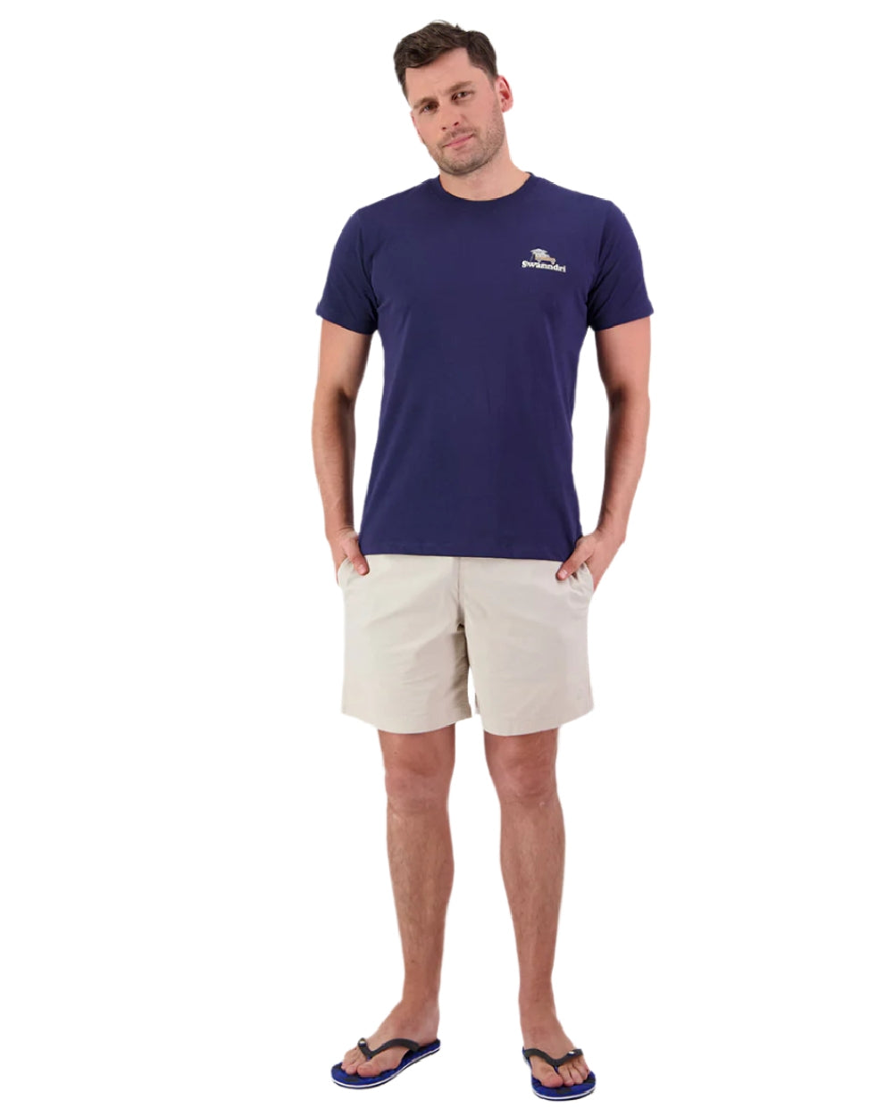 Navy Light Taupe Coloured Swanndri Mens Pop Top Printed T Shirt on white background 