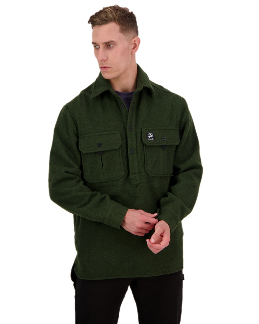 Olive Coloured Swanndri Mens Ranger Extreme V2 on white background 