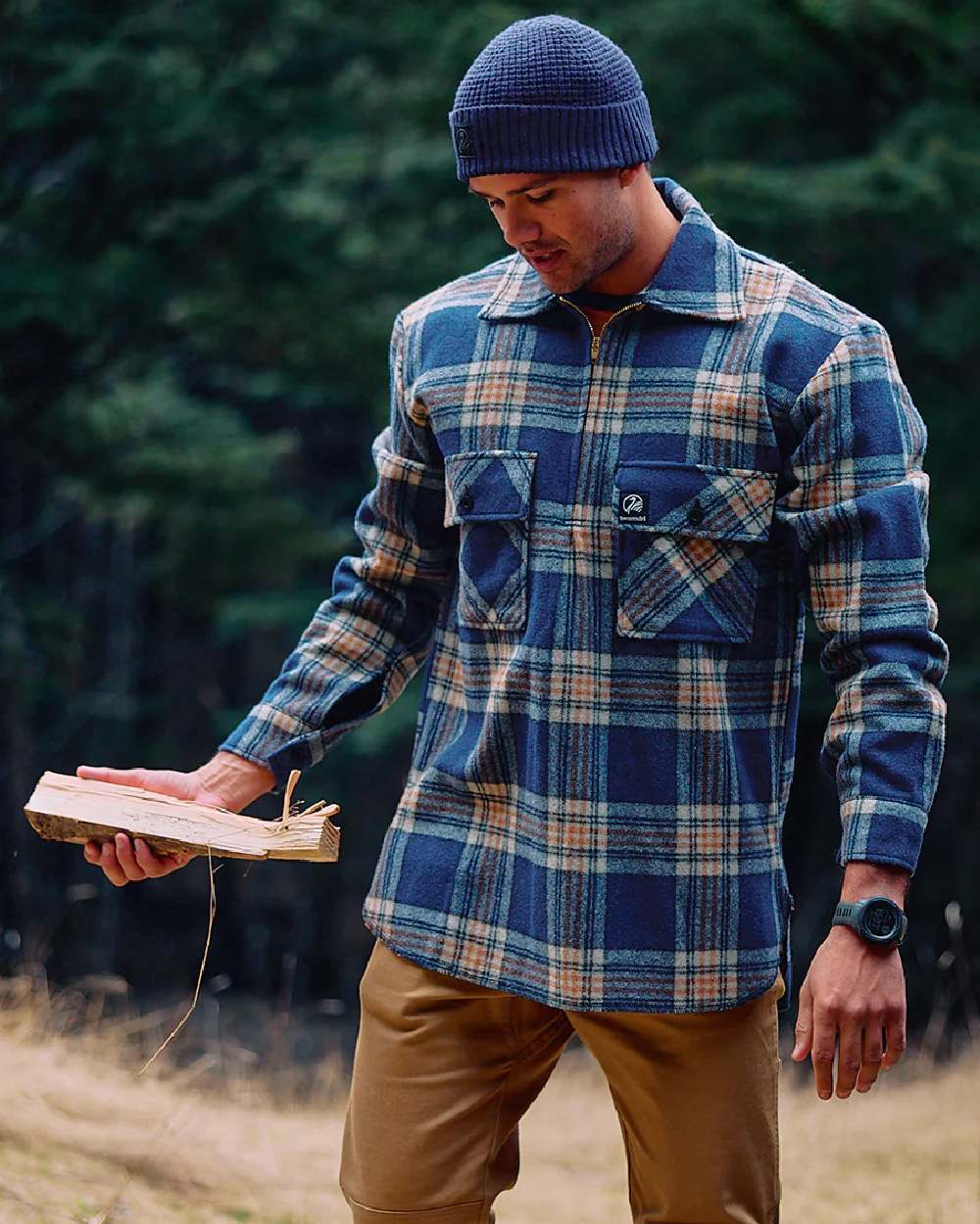 Atlantic Check Coloured Swanndri Mens Ranger Wool Zip Front Bushshirt on outdoor background 
