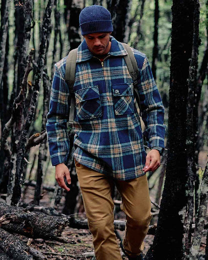 Atlantic Check Coloured Swanndri Mens Ranger Wool Zip Front Bushshirt on outdoor background 