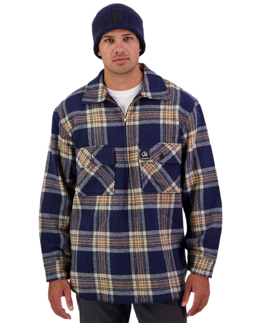 Atlantic Check Coloured Swanndri Mens Ranger Wool Zip Front Bushshirt on white background 