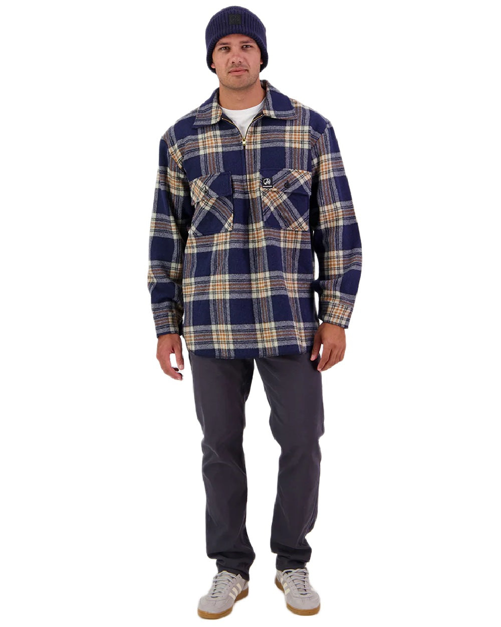 Atlantic Check Coloured Swanndri Mens Ranger Wool Zip Front Bushshirt on white background 