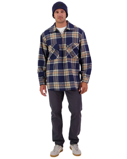 Atlantic Check Coloured Swanndri Mens Ranger Wool Zip Front Bushshirt on white background 