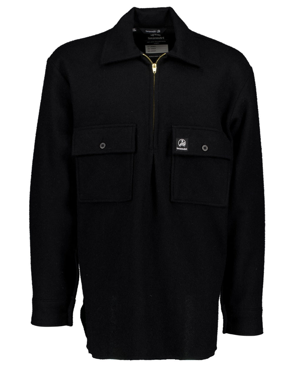 Black Coloured Swanndri Mens Ranger Wool Zip Front Bushshirt on white background 