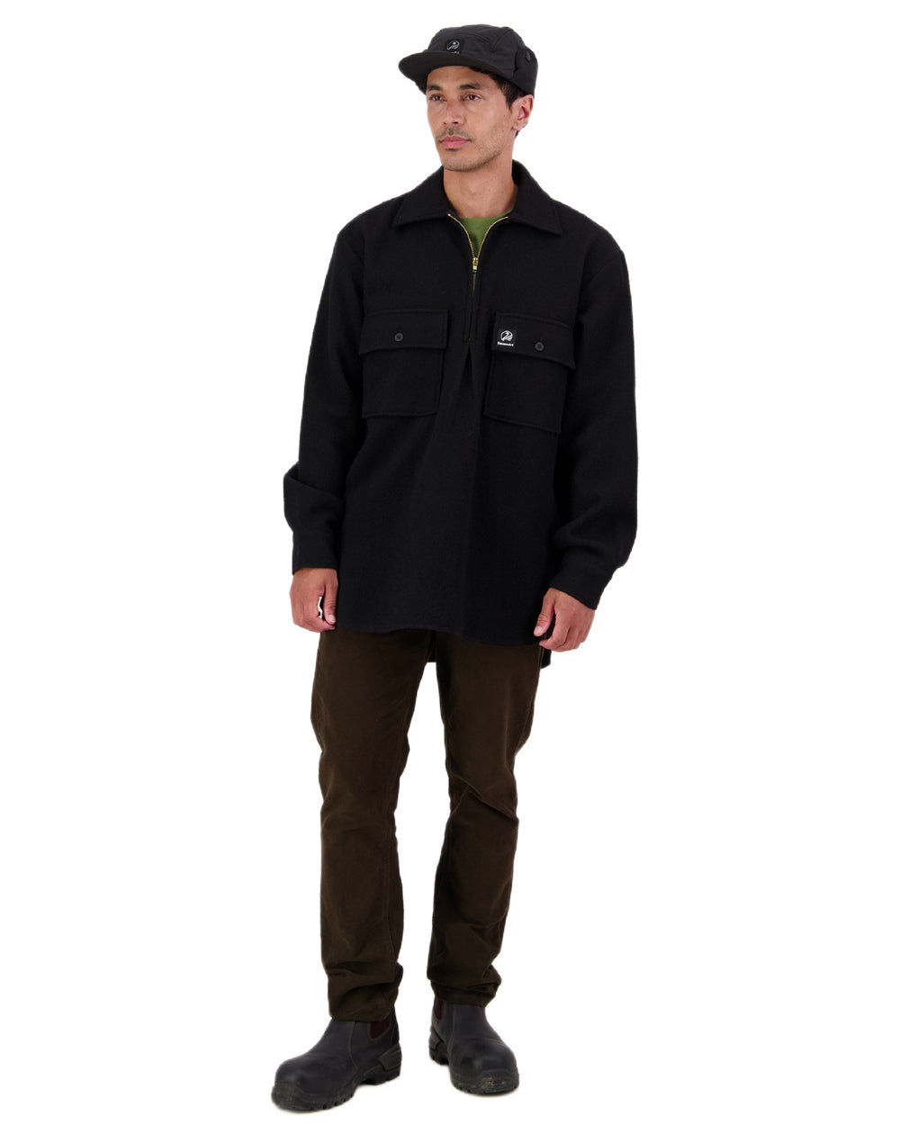 Black Coloured Swanndri Mens Ranger Wool Zip Front Bushshirt on white background 