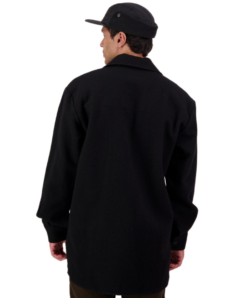 Black Coloured Swanndri Mens Ranger Wool Zip Front Bushshirt on white background 