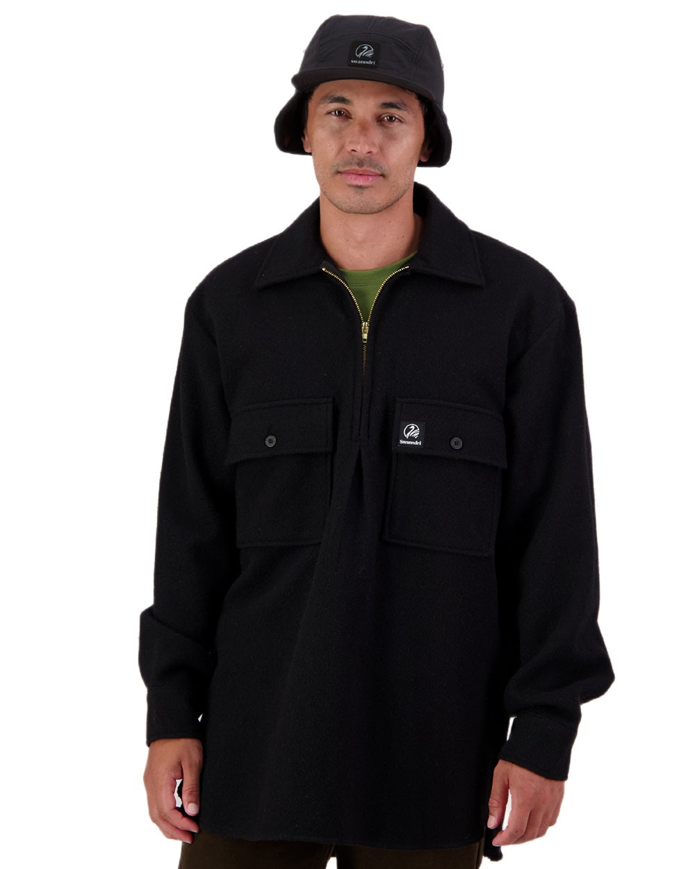 Black Coloured Swanndri Mens Ranger Wool Zip Front Bushshirt on white background 
