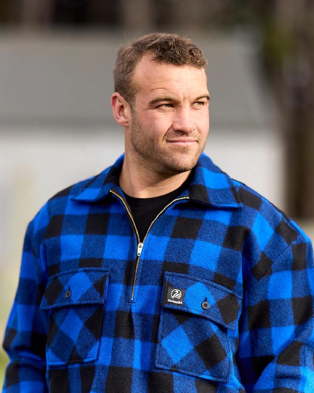 Blue Black Check Coloured Swanndri Mens Ranger Wool Zip Front Bushshirt on blurry background 