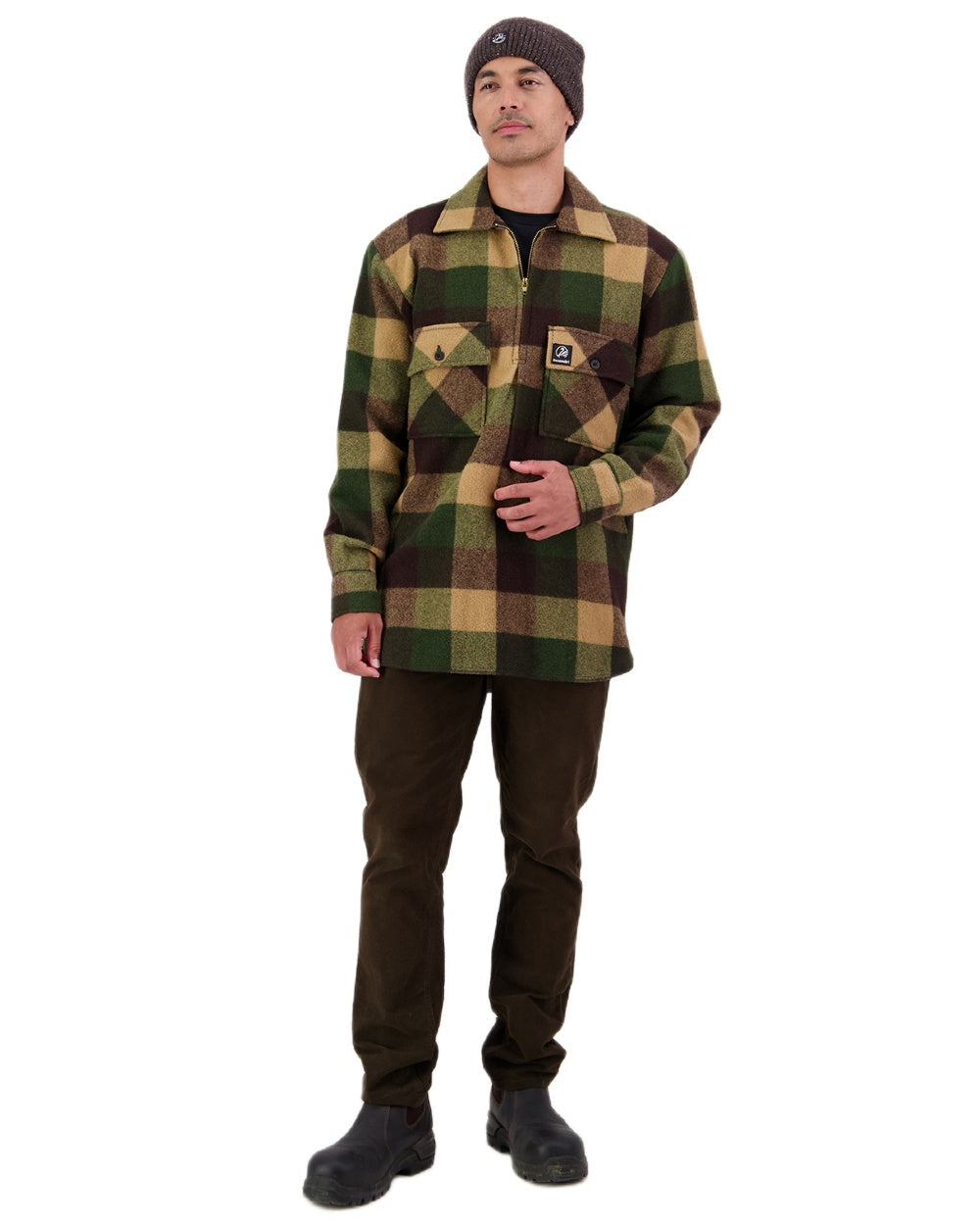 Checkamo Coloured Swanndri Mens Ranger Wool Zip Front Bushshirt on white background 