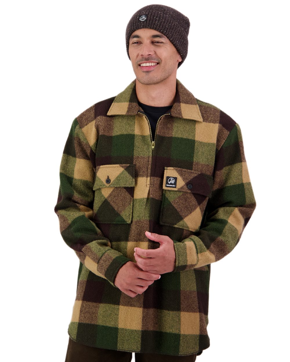 Checkamo Coloured Swanndri Mens Ranger Wool Zip Front Bushshirt on white background 