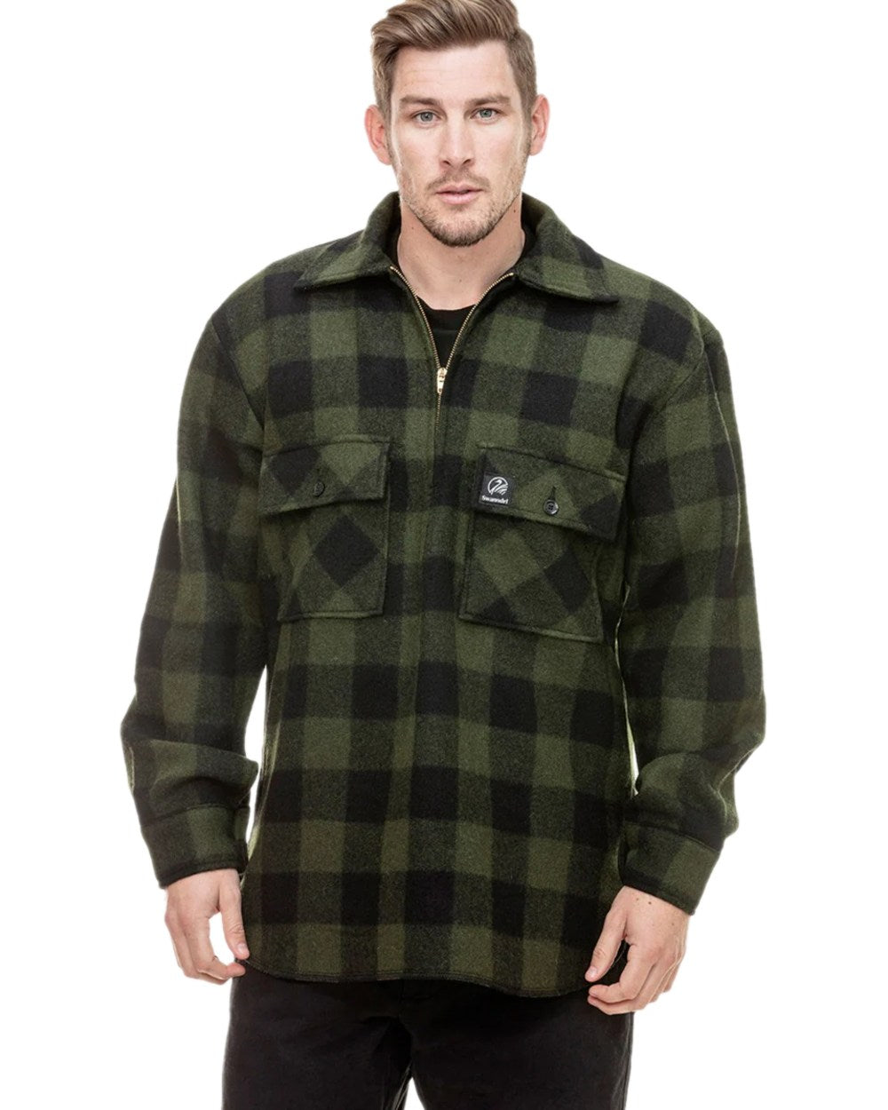 Swanndri Mens Ranger Wool Zip Front Bushshirt - Olive Black Check / Small
