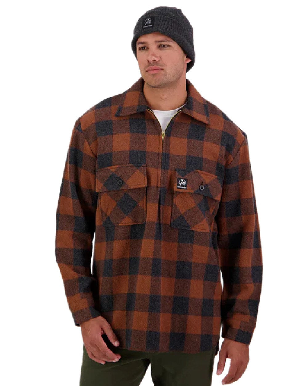 Shadow Rusty Check Coloured Swanndri Mens Ranger Wool Zip Front Bushshirt on white background 