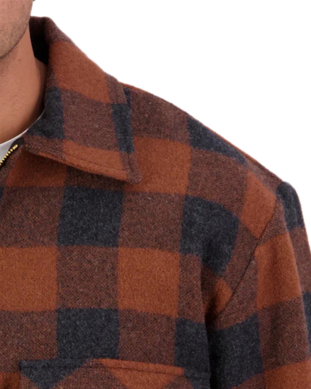 Shadow Rusty Check Coloured Swanndri Mens Ranger Wool Zip Front Bushshirt on white background 