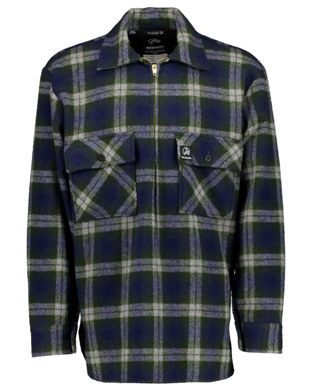Thornton Check Coloured Swanndri Mens Ranger Wool Zip Front Bushshirt on white background 