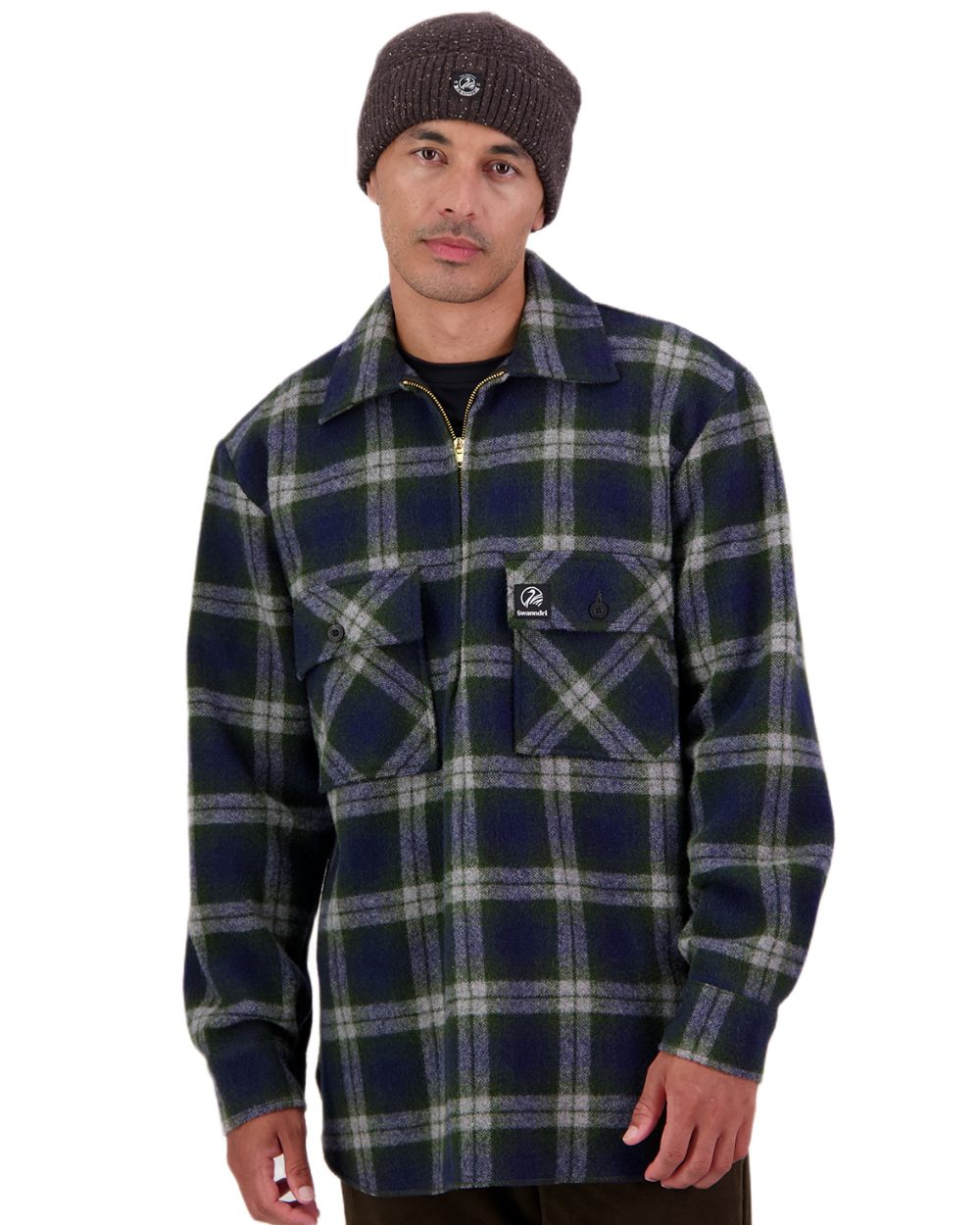 Thornton Check Coloured Swanndri Mens Ranger Wool Zip Front Bushshirt on white background 