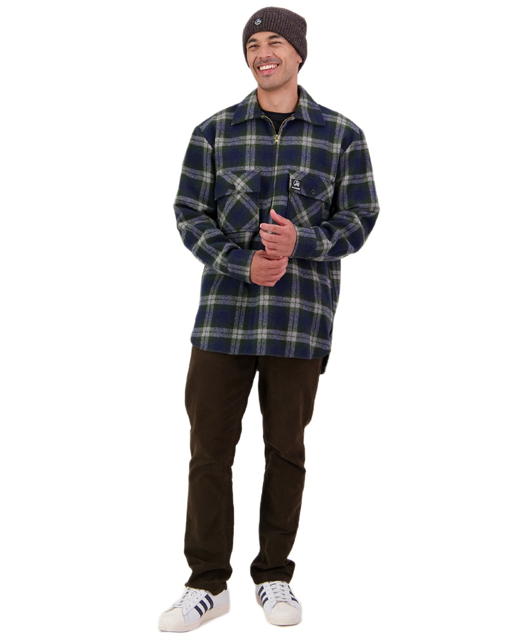 Thornton Check Coloured Swanndri Mens Ranger Wool Zip Front Bushshirt on white background 