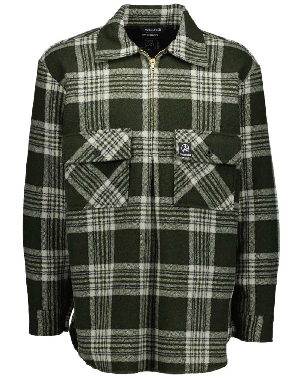 Woodlands Check Coloured Swanndri Mens Ranger Wool Zip Front Bushshirt on white background 