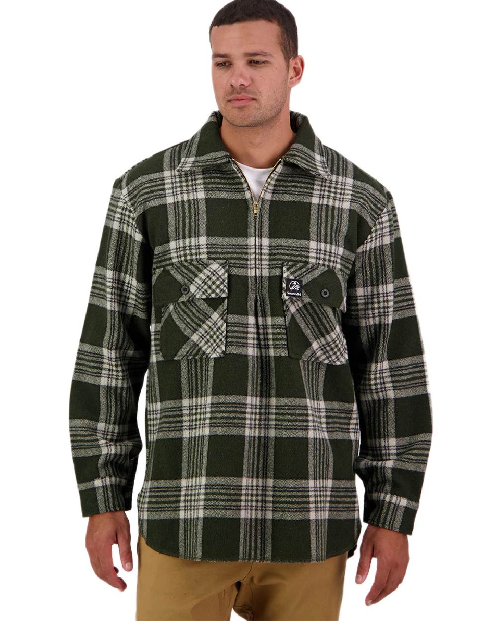 Woodlands Check Coloured Swanndri Mens Ranger Wool Zip Front Bushshirt on white background 