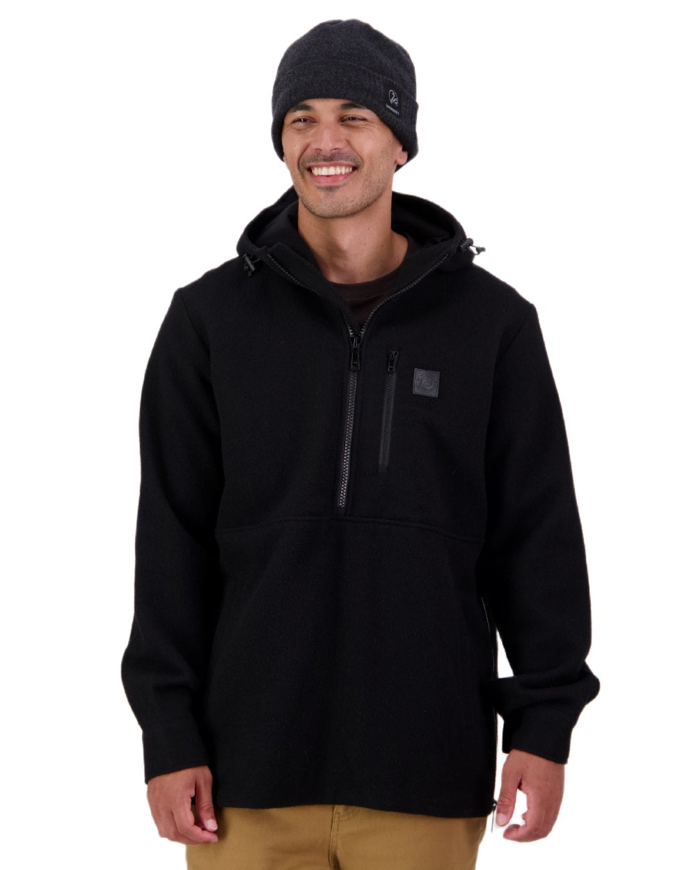 Black Coloured Swanndri Mens Reidston Wool Anorak on white background 