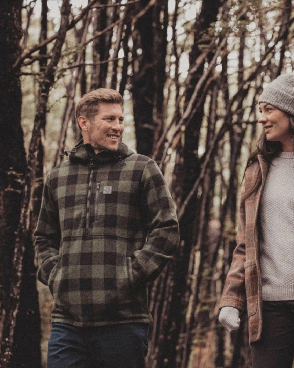 Olive Black Check Coloured Swanndri Mens Reidston Wool Anorak on forest background 