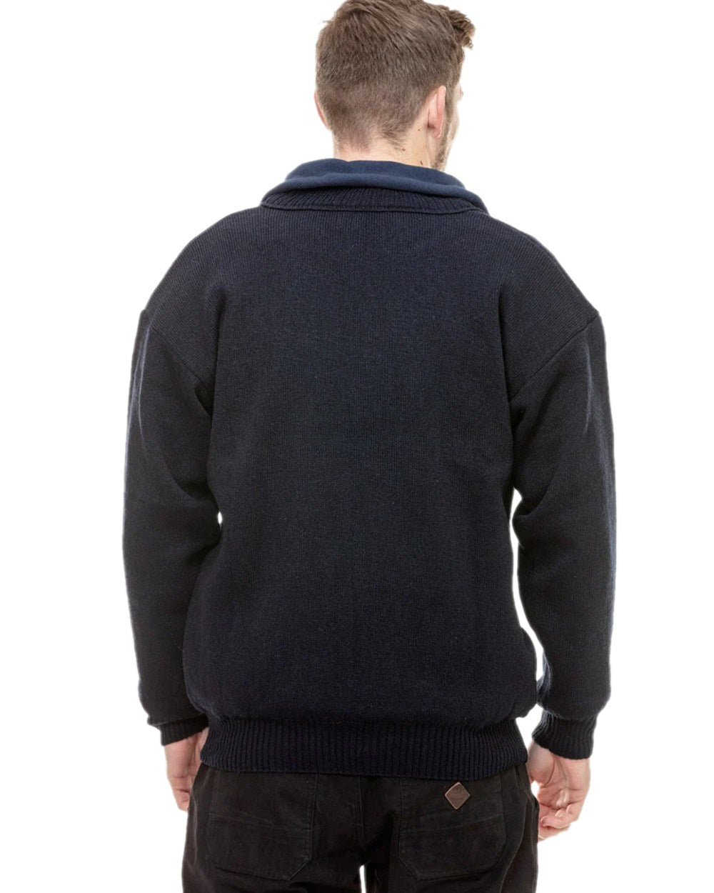 Navy Coloured Swanndri Mens Rhino Stormshield Wool Jersey with Windproof Lining on white background 