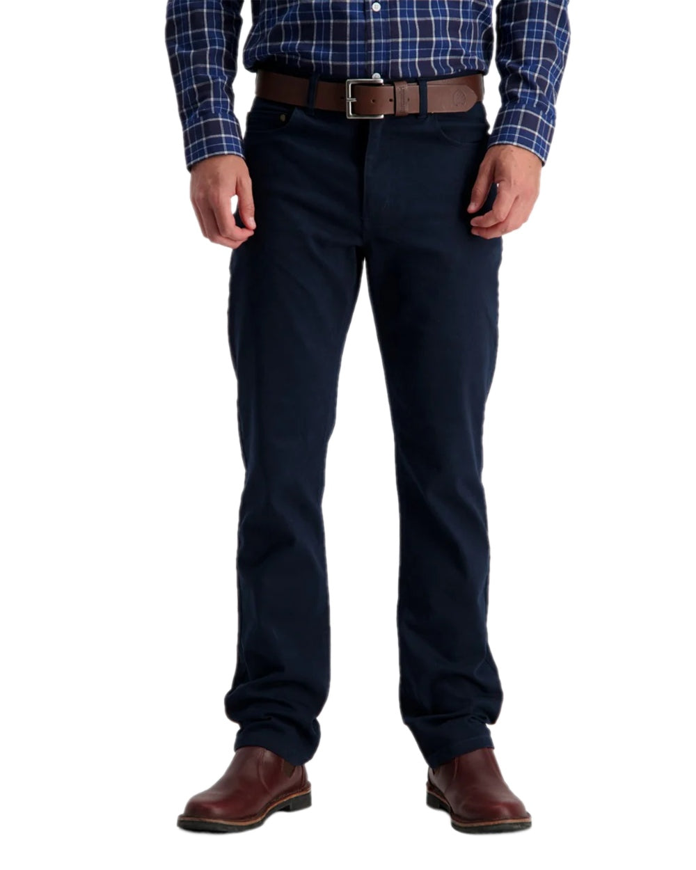 Navy Coloured Swanndri Mens Riffle Cotton Stretch Jeans on white background 
