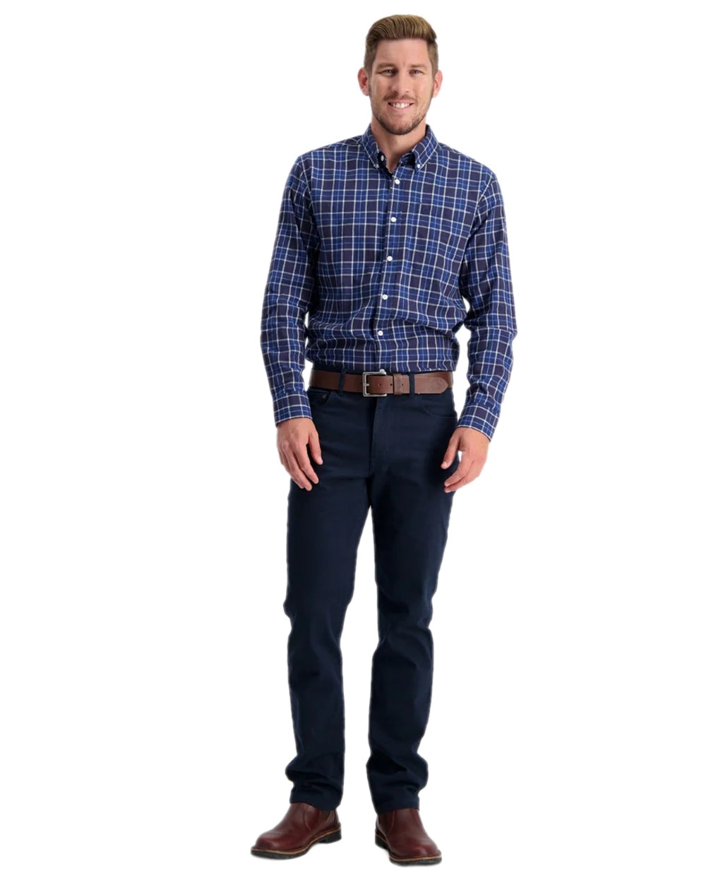 Navy Coloured Swanndri Mens Riffle Cotton Stretch Jeans on white background 