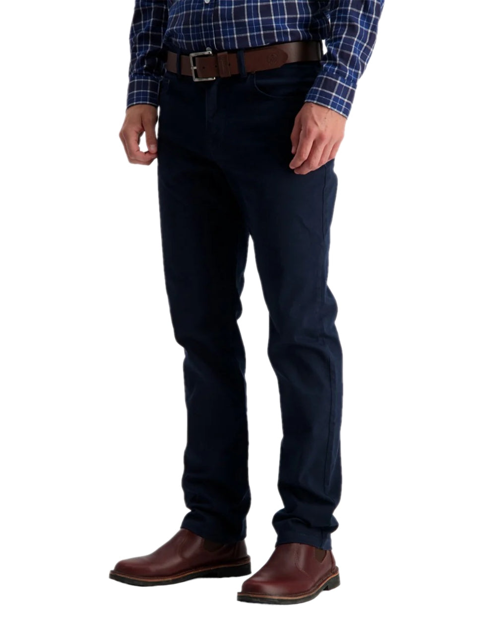 Navy Coloured Swanndri Mens Riffle Cotton Stretch Jeans on white background 