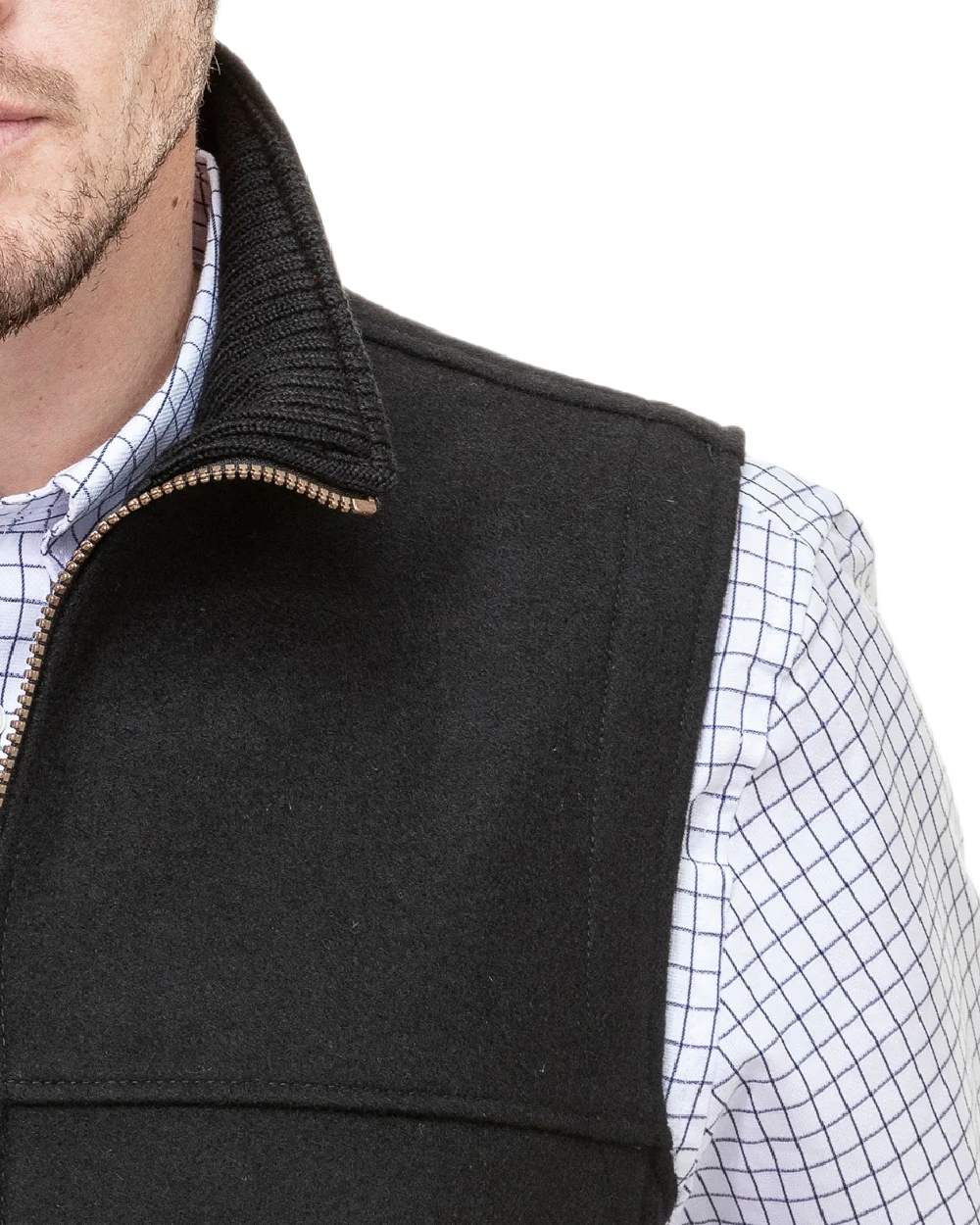 Black Coloured Swanndri Mens Saddleback Wool Vest on white background 