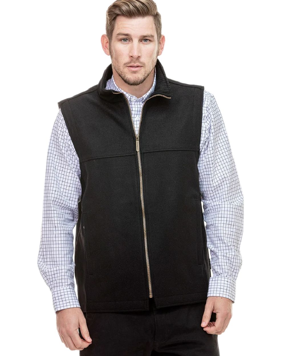Black Coloured Swanndri Mens Saddleback Wool Vest on white background 