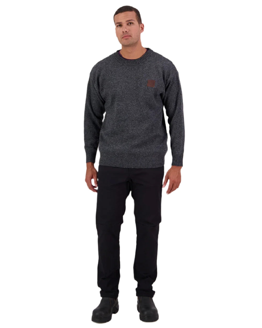 Charcoal Marle Coloured Swanndri Mens Seafarer Wool Crew Neck Jersey on white background 