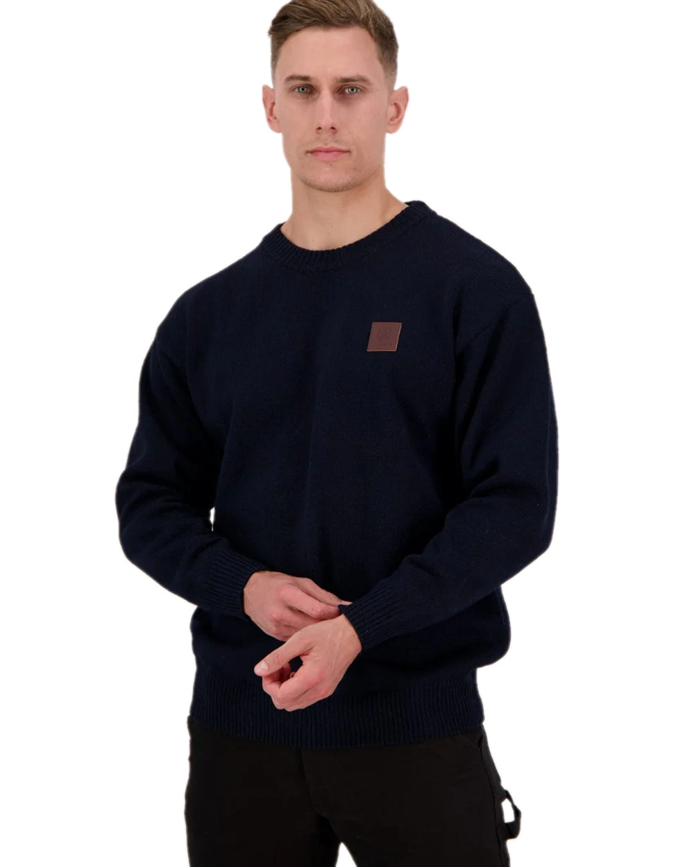Navy Coloured Swanndri Mens Seafarer Wool Crew Neck Jersey on white background 
