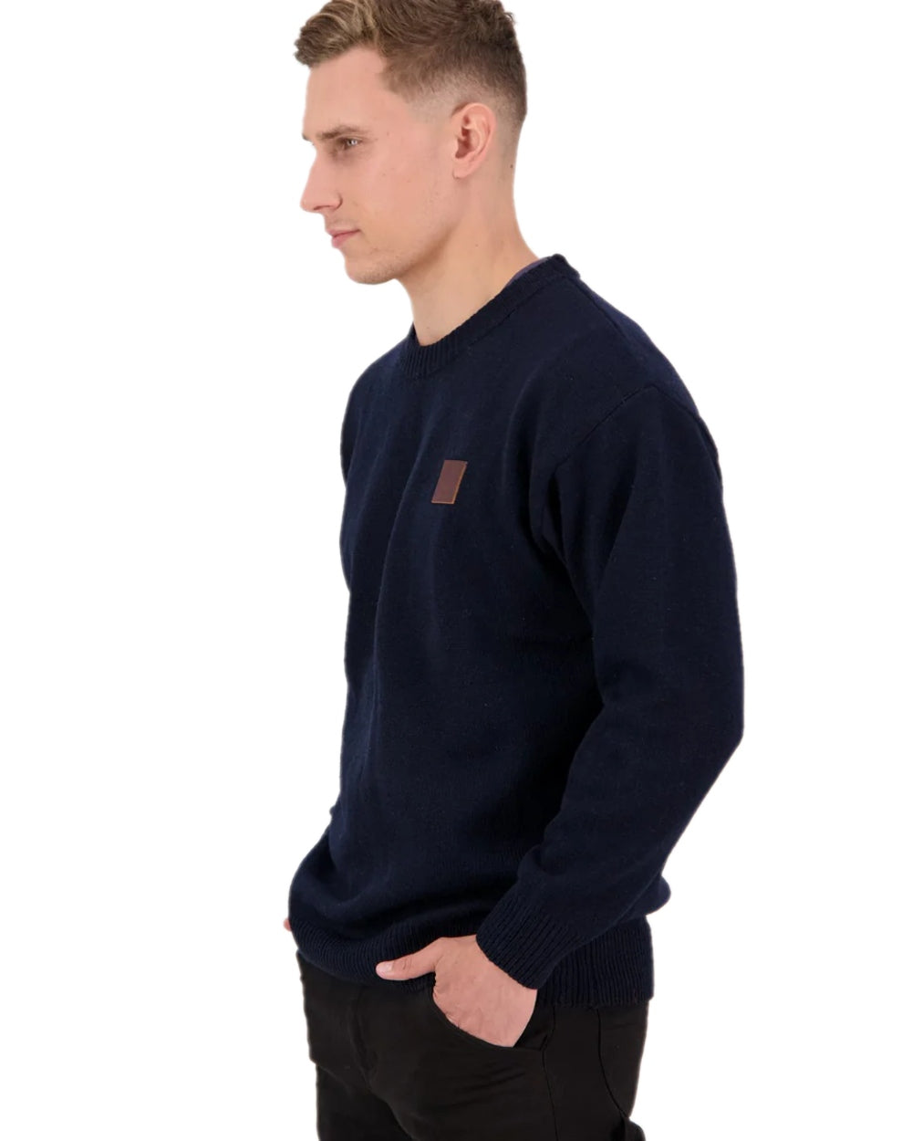 Navy Coloured Swanndri Mens Seafarer Wool Crew Neck Jersey on white background 