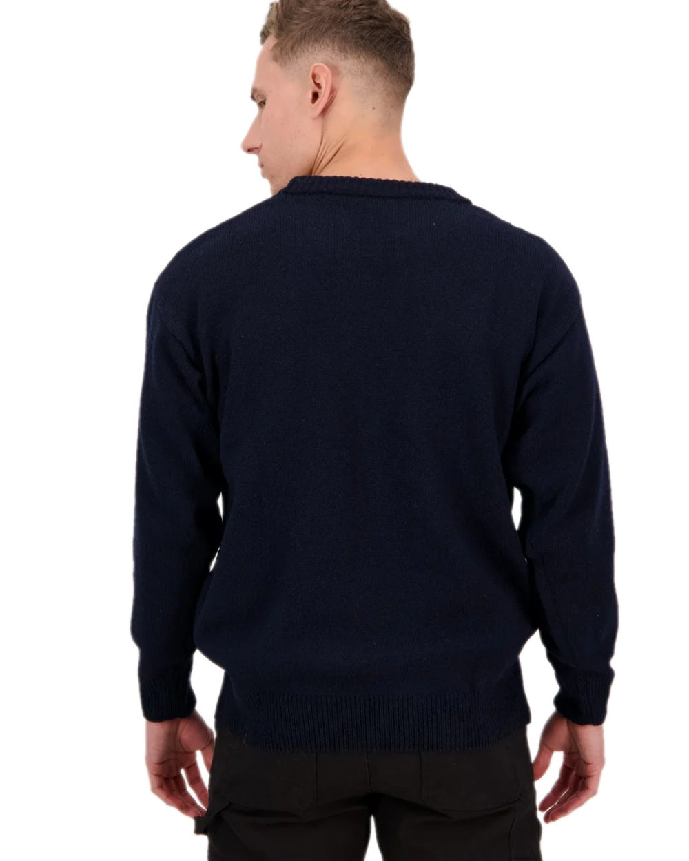 Navy Coloured Swanndri Mens Seafarer Wool Crew Neck Jersey on white background 