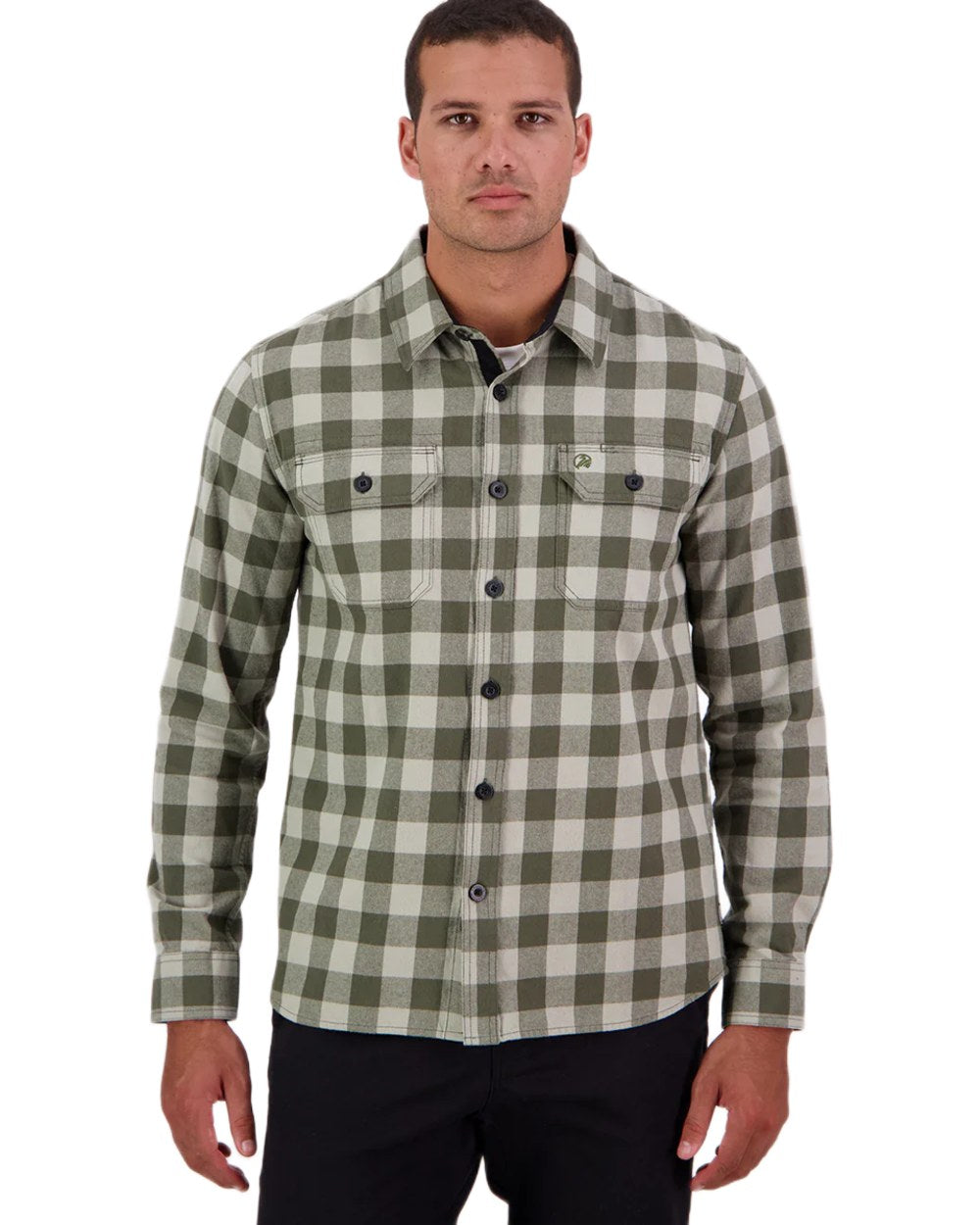 Horizon Grey Dark Olive Coloured Swanndri Mens Taranaki Tailor Long Sleeve Shirt on white background 