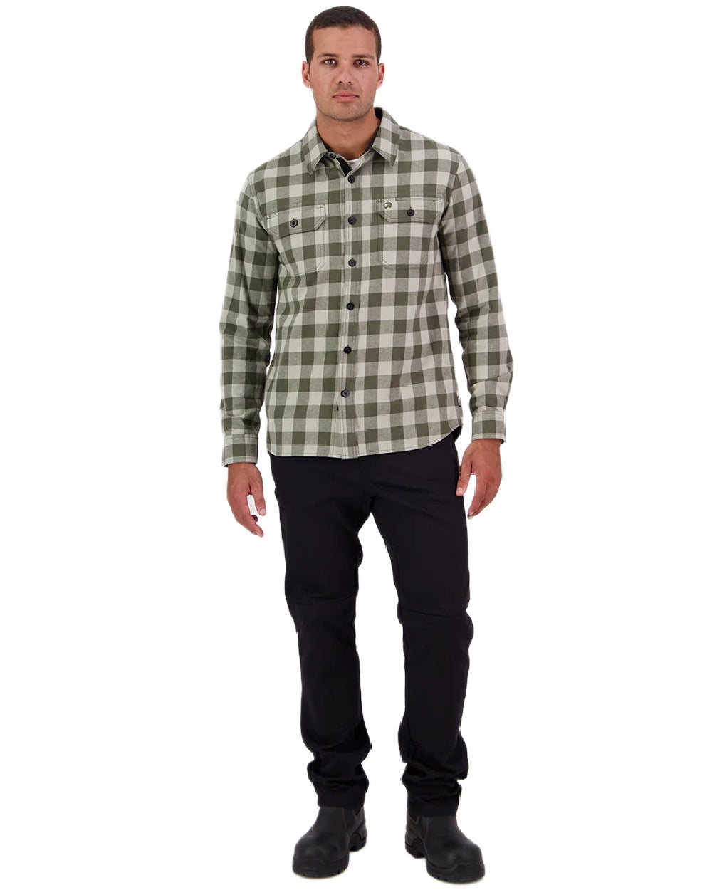 Horizon Grey Dark Olive Coloured Swanndri Mens Taranaki Tailor Long Sleeve Shirt on white background 