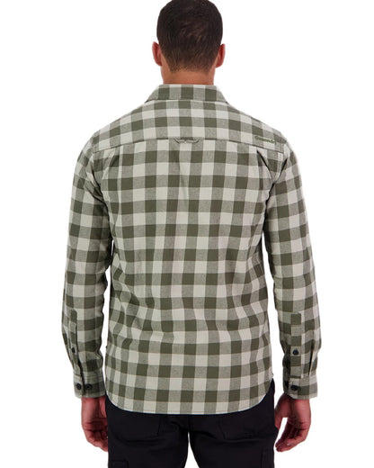 Horizon Grey Dark Olive Coloured Swanndri Mens Taranaki Tailor Long Sleeve Shirt on white background 