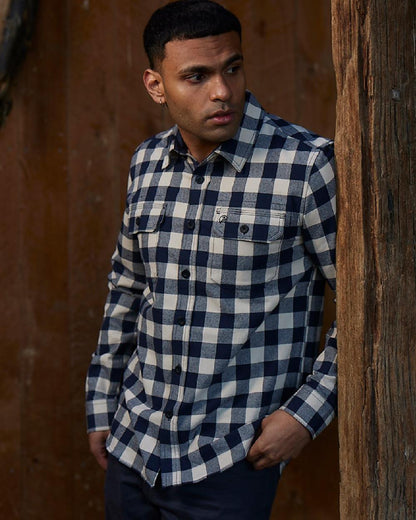 Navy Sandshell Coloured Swanndri Mens Taranaki Tailor Long Sleeve Shirt on outdoor background 