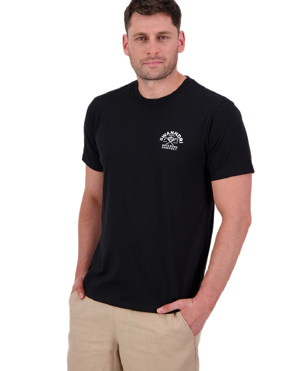 Black White Coloured Swanndri Mens Trails Printed T-Shirt on white background 