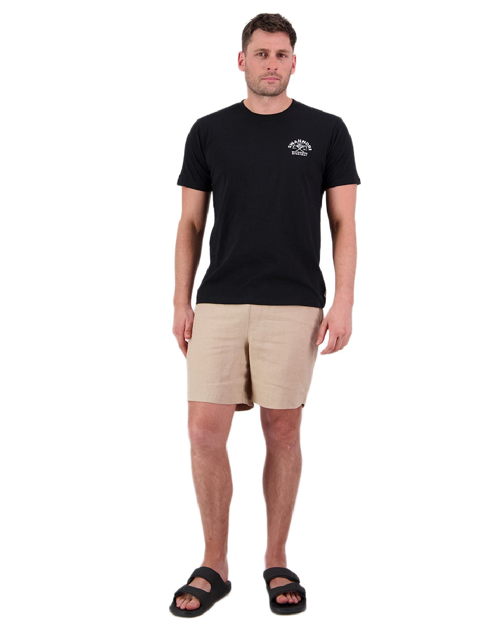 Black White Coloured Swanndri Mens Trails Printed T-Shirt on white background 