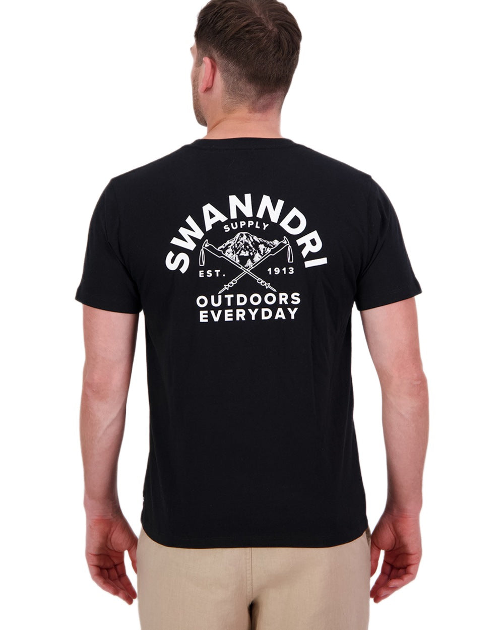 Black White Coloured Swanndri Mens Trails Printed T-Shirt on white background 