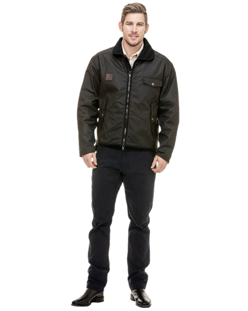 Brown Coloured Swanndri Mens Waimak Oilskin Jacket with Wool Lining on white background 