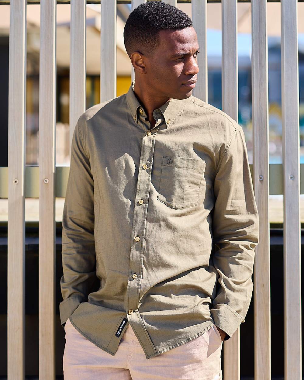 Olive Coloured Swanndri Mens Ward Long Sleeve Shirt on outdoor background 