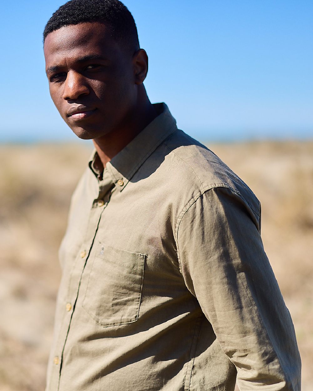 Olive Coloured Swanndri Mens Ward Long Sleeve Shirt on outdoor background 