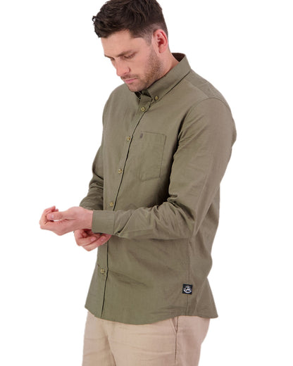 Olive Coloured Swanndri Mens Ward Long Sleeve Shirt on white background 