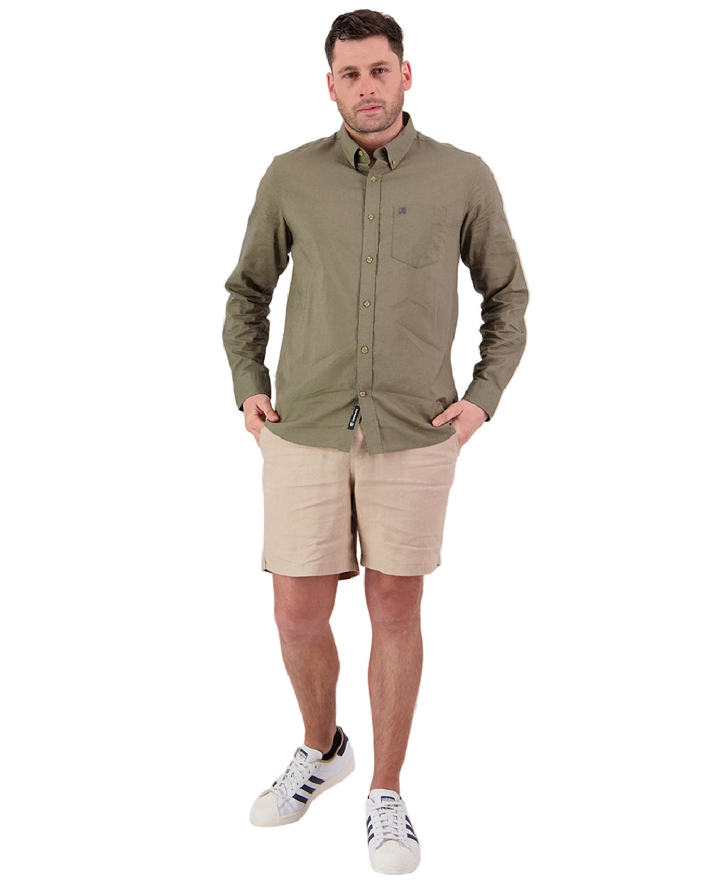 Olive Coloured Swanndri Mens Ward Long Sleeve Shirt on white background 