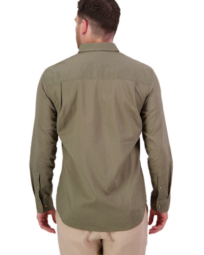Olive Coloured Swanndri Mens Ward Long Sleeve Shirt on white background 