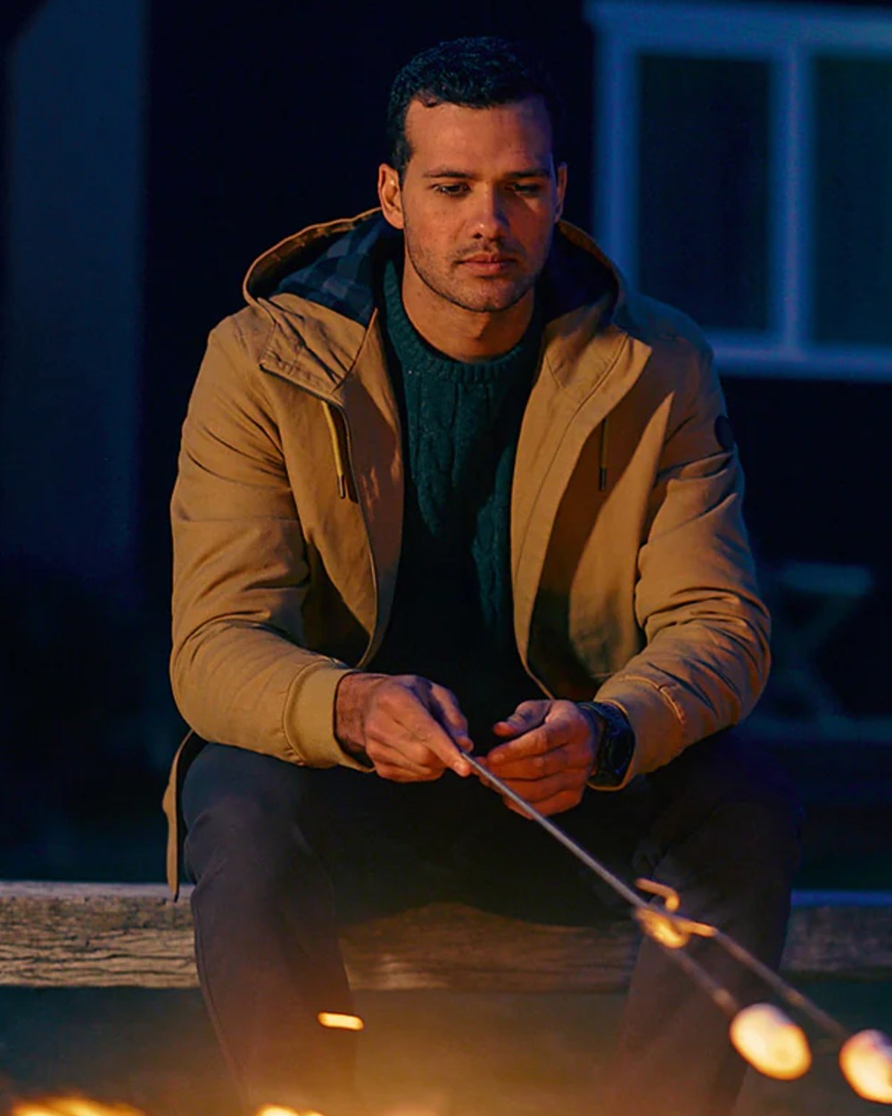 Cashew coloured Swanndri Mens Whitlow V2 Canvas Hoodie on outdoor background 
