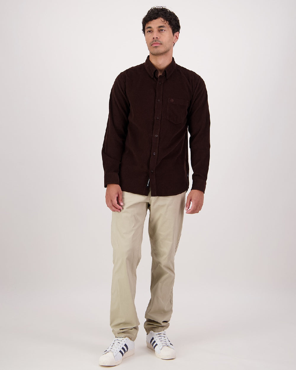 Espresso Coloured Swandri Ranfurly Mens V2 Long Sleeve Shirt on grey Background 